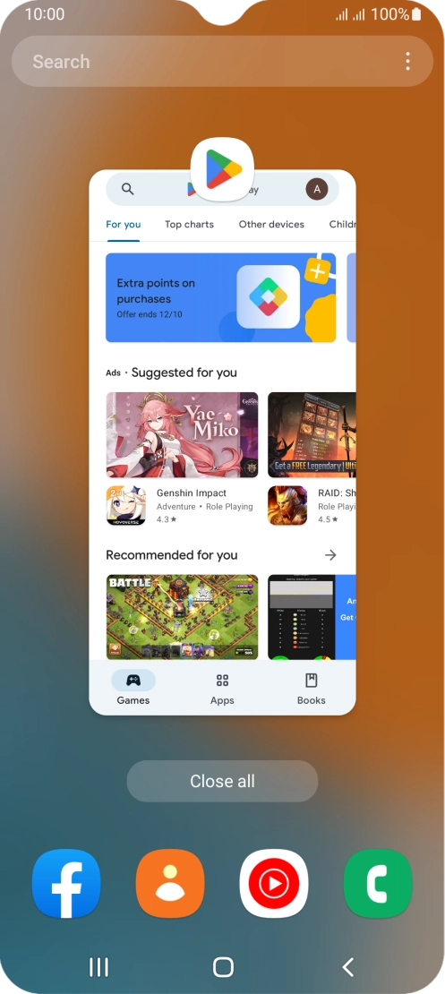 To end one running application, slide your finger upwards on the required application.