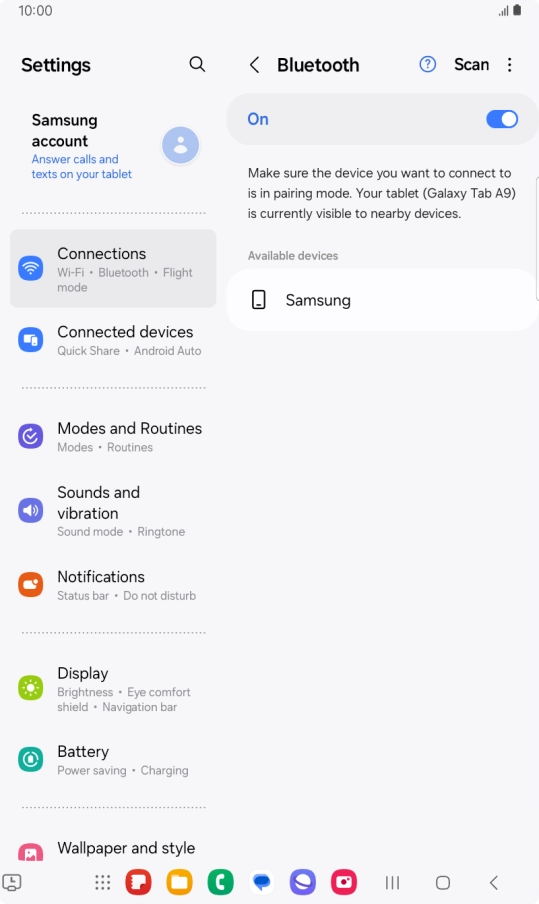 Press the required Bluetooth device and follow the instructions on the screen to pair the device with your tablet.
