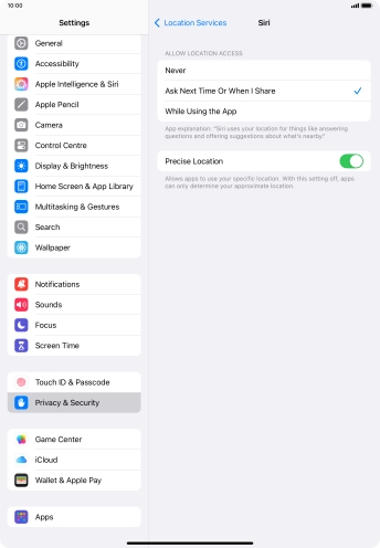 Press the required setting to turn the function on or off.