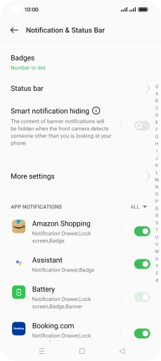 Press the indicator next to the required apps to turn the function on or off.