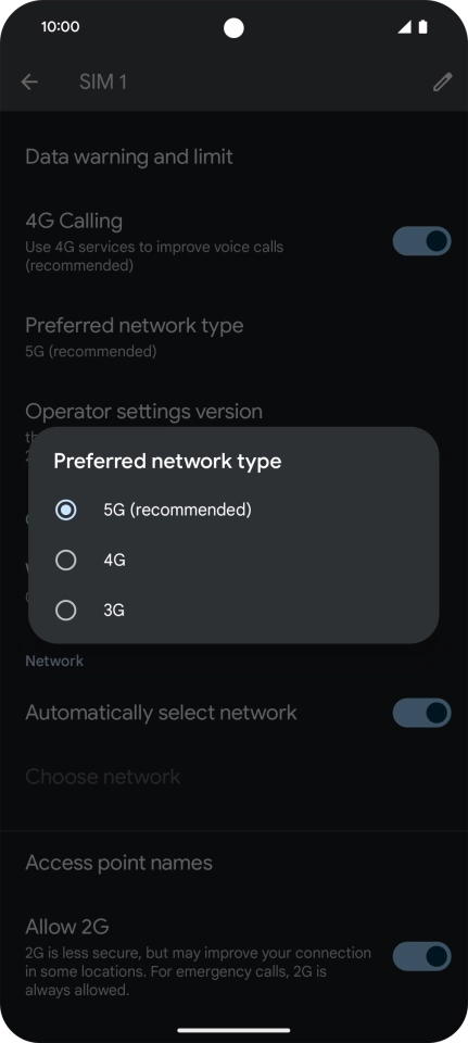 Press the required network mode.