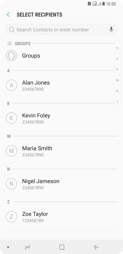 Press the search field and key in the first letters of the recipient's name.