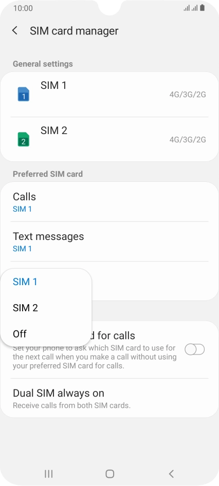 Press the required setting.