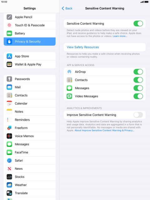 Press the indicators next to the required applications to turn the function on or off.