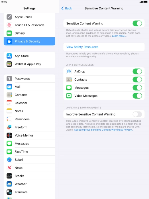 Press the indicators next to the required applications to turn the function on or off.