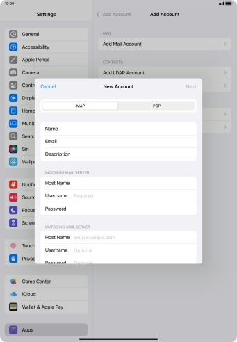 Press Username and key in the username for your email account.