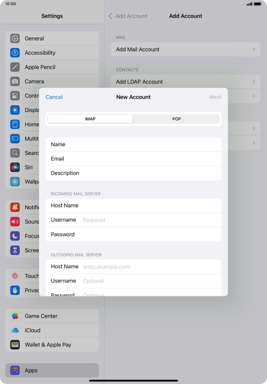 Press Username and key in the username for your email account.