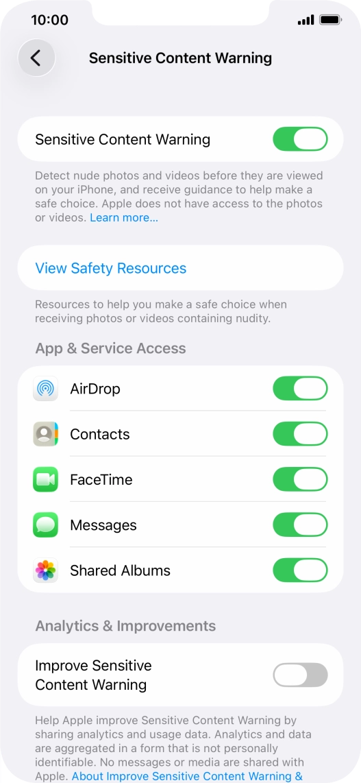 Press the indicators next to the required applications to turn the function on or off.