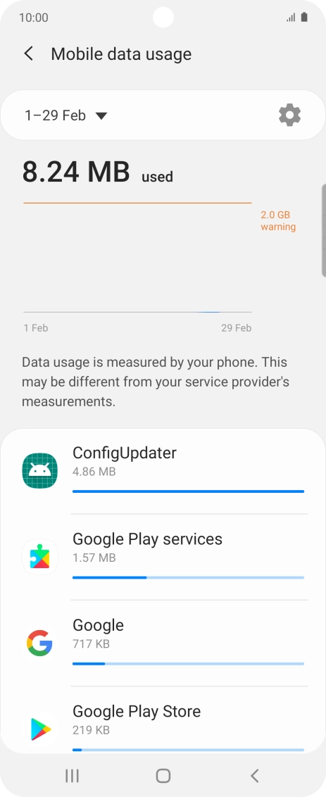 The data usage for each application is displayed below the name of the application.