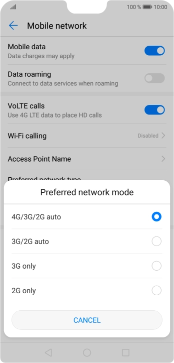 Press the required network mode.
