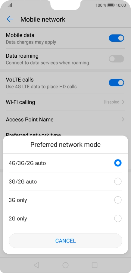 Press the required network mode.