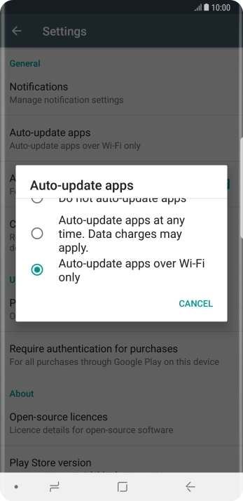 To turn on automatic update of apps using Wi-Fi, press Auto-update apps over Wi-Fi only.