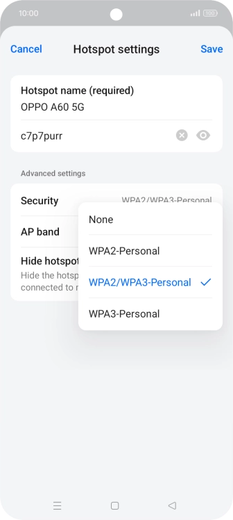 Press WPA3-Personal to password protect your Wi-Fi hotspot.