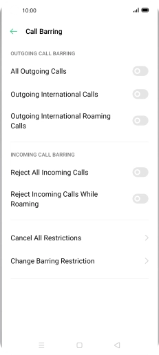 Press the indicator next to the required barring type to turn the function on or off.