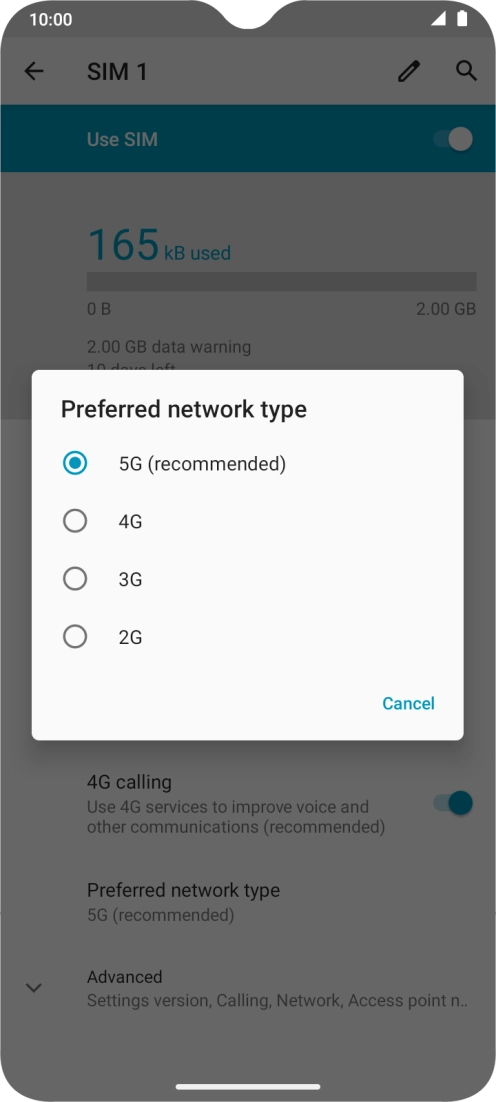 Press the required network mode.