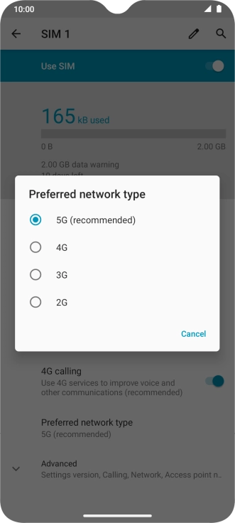 Press the required network mode.