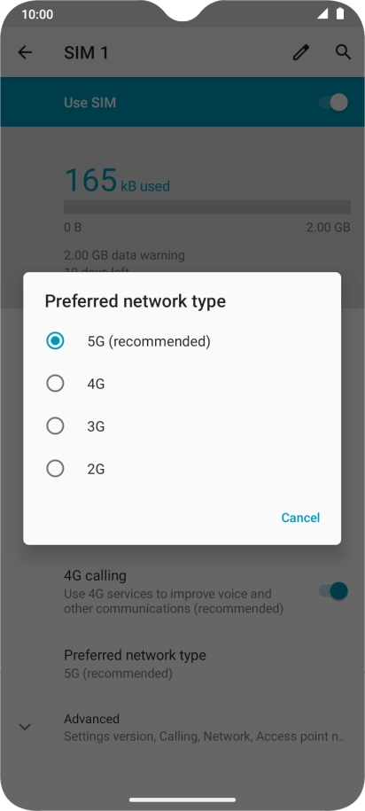 Press the required network mode.