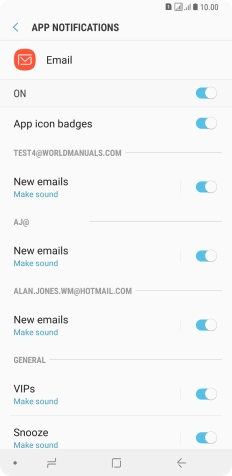 Press the indicator below the required email account to turn the function on or off.