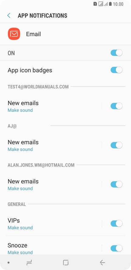 Press the indicator below the required email account to turn the function on or off.