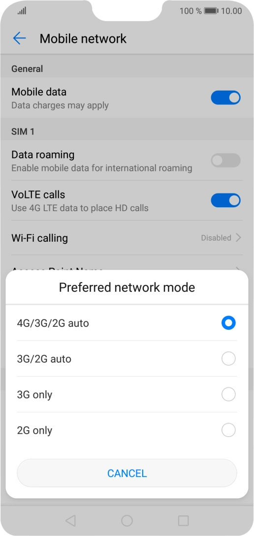 Press the required network mode.