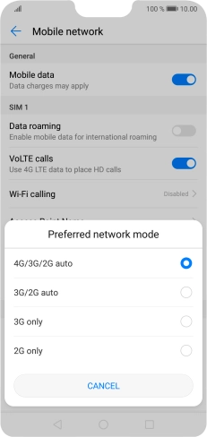 Press the required network mode.