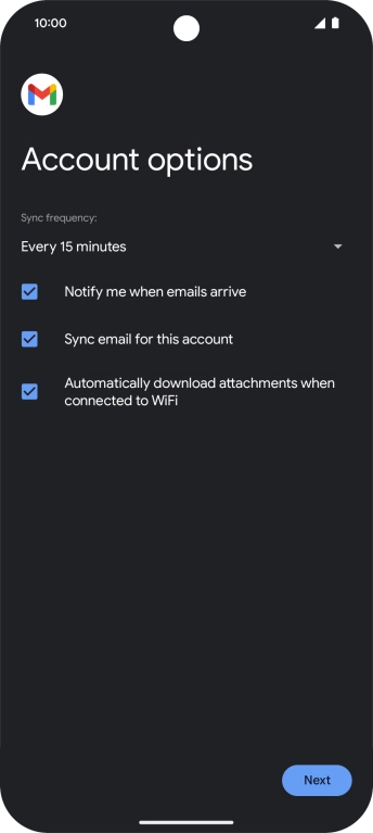 If this screen is displayed, you email account has been recognised and set up automatically. Follow the instructions on the screen to key in more information and finish setting up your phone.
