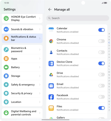 Press the indicators next to the required apps to turn the function on or off.