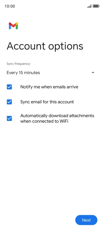 If this screen is displayed, you email account has been recognised and set up automatically. Follow the instructions on the screen to key in more information and finish setting up your phone.