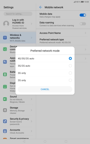 Press the required network mode.
