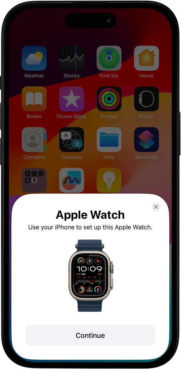 On your phone: Press Continue and follow the instructions on your phone to place the watch face in the middle of your phone's camera viewfinder.
