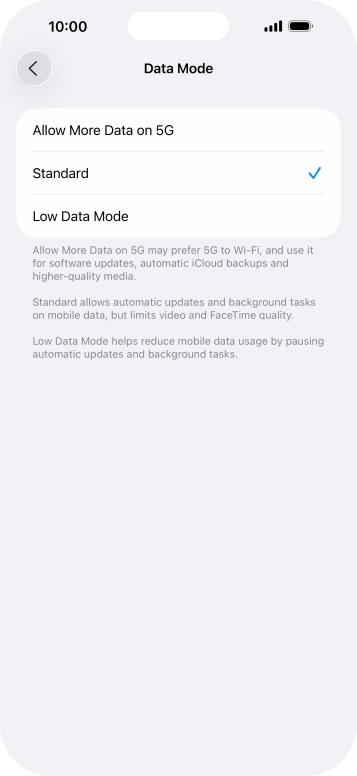 Press the required setting.