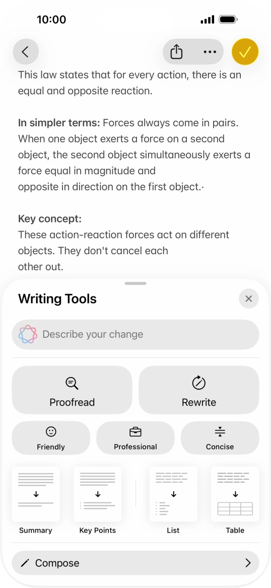 Press Describe your change and write in your own words how you would like the text to be rewritten. Follow the instructions on the screen to use the function.