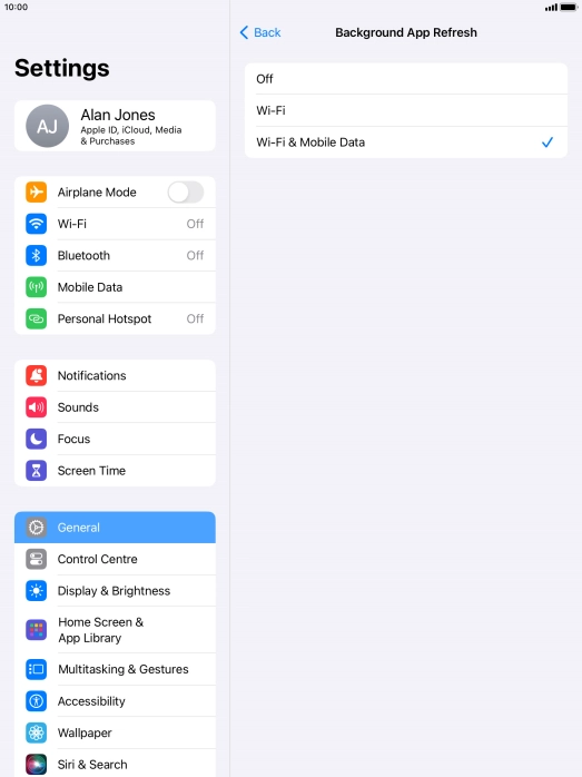 To turn off background refresh of apps, press Off.
