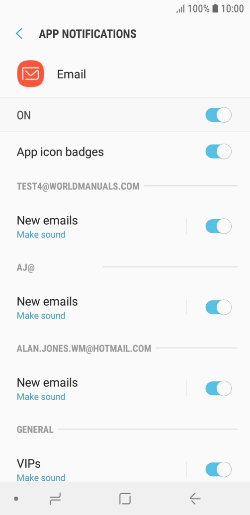 Press the indicator below the required email account to turn the function on or off.