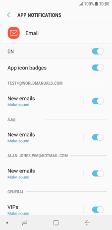 Press the indicator below the required email account to turn the function on or off.