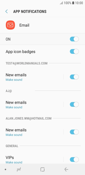 Press the indicator below the required email account to turn the function on or off.