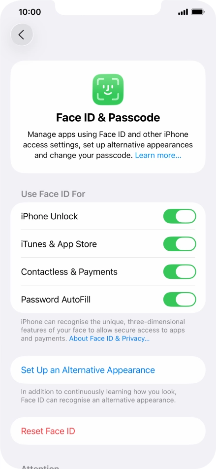 Press the indicators next to the required settings to turn them on or off.