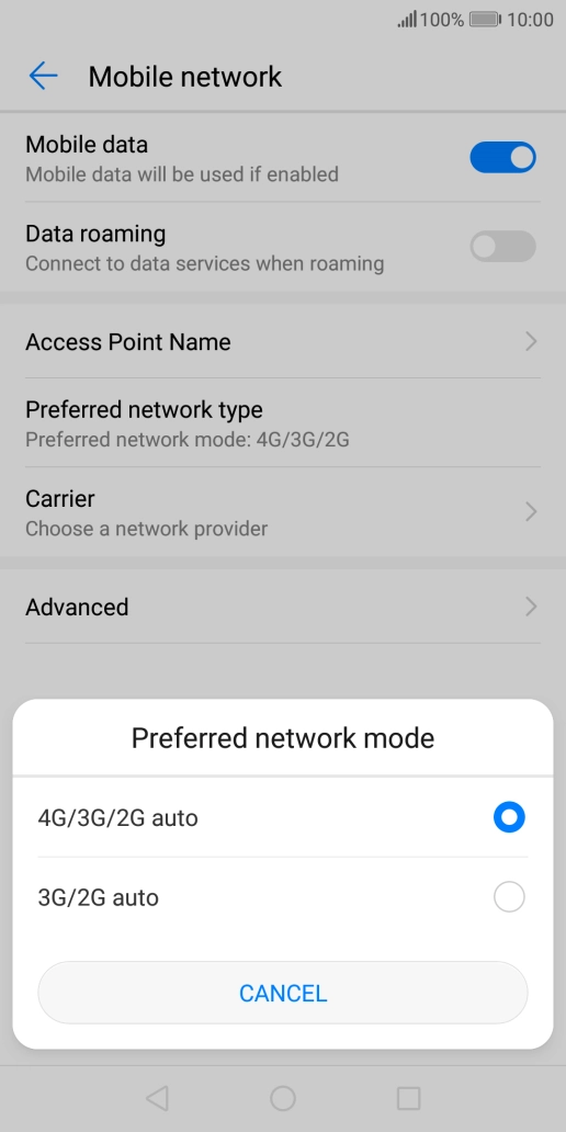 Press the required network mode.