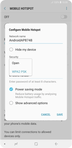 Press WPA2 PSK to password protect your Wi-Fi hotspot.