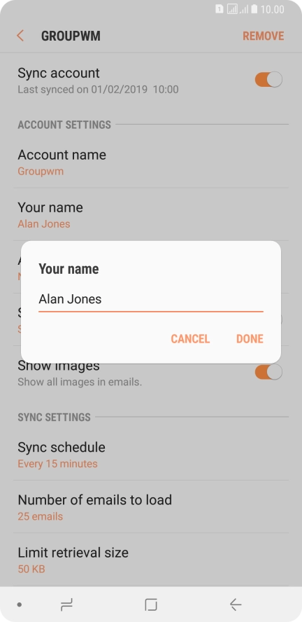 Key in the required sender name and press DONE.