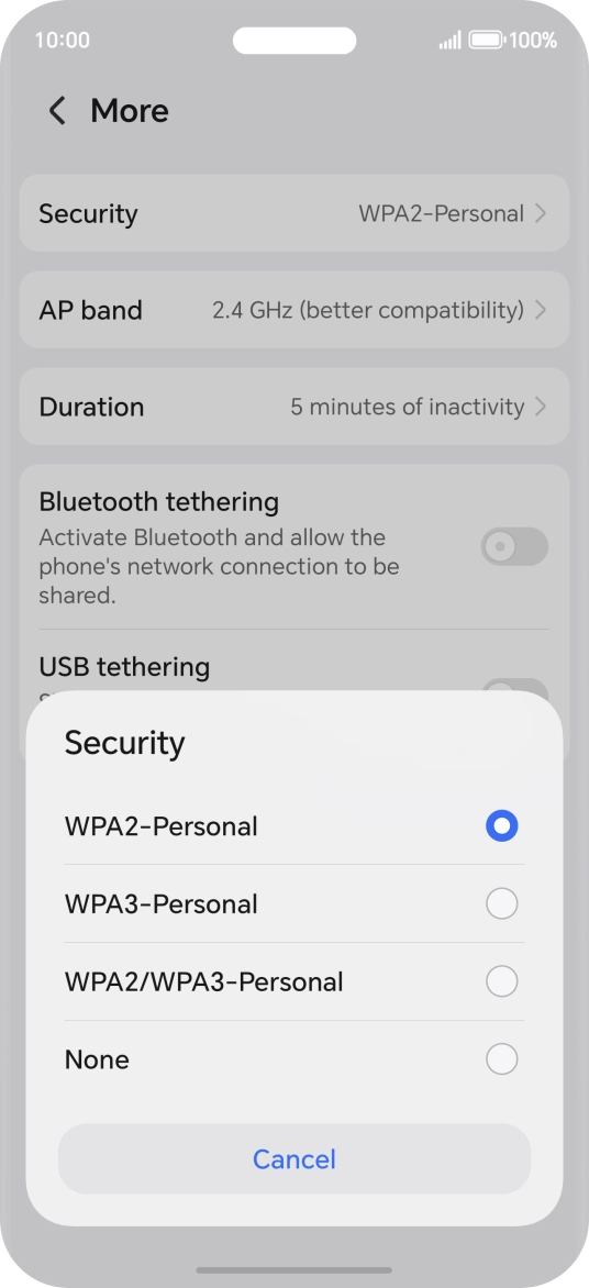 Press WPA3-Personal to password protect your Wi-Fi hotspot.