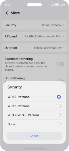 Press WPA3-Personal to password protect your Wi-Fi hotspot.
