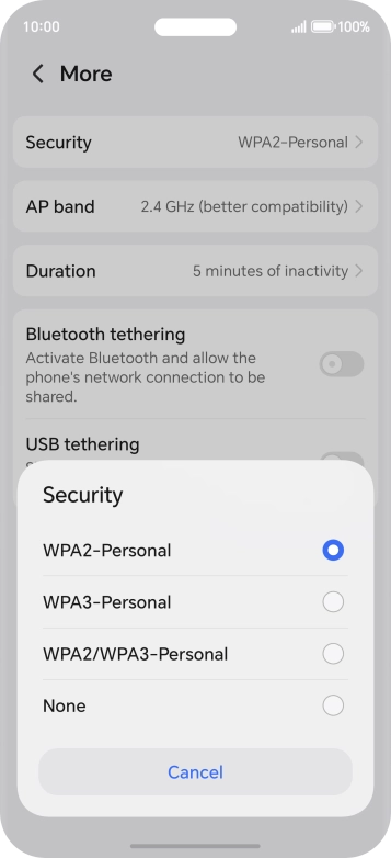 Press WPA3-Personal to password protect your Wi-Fi hotspot.