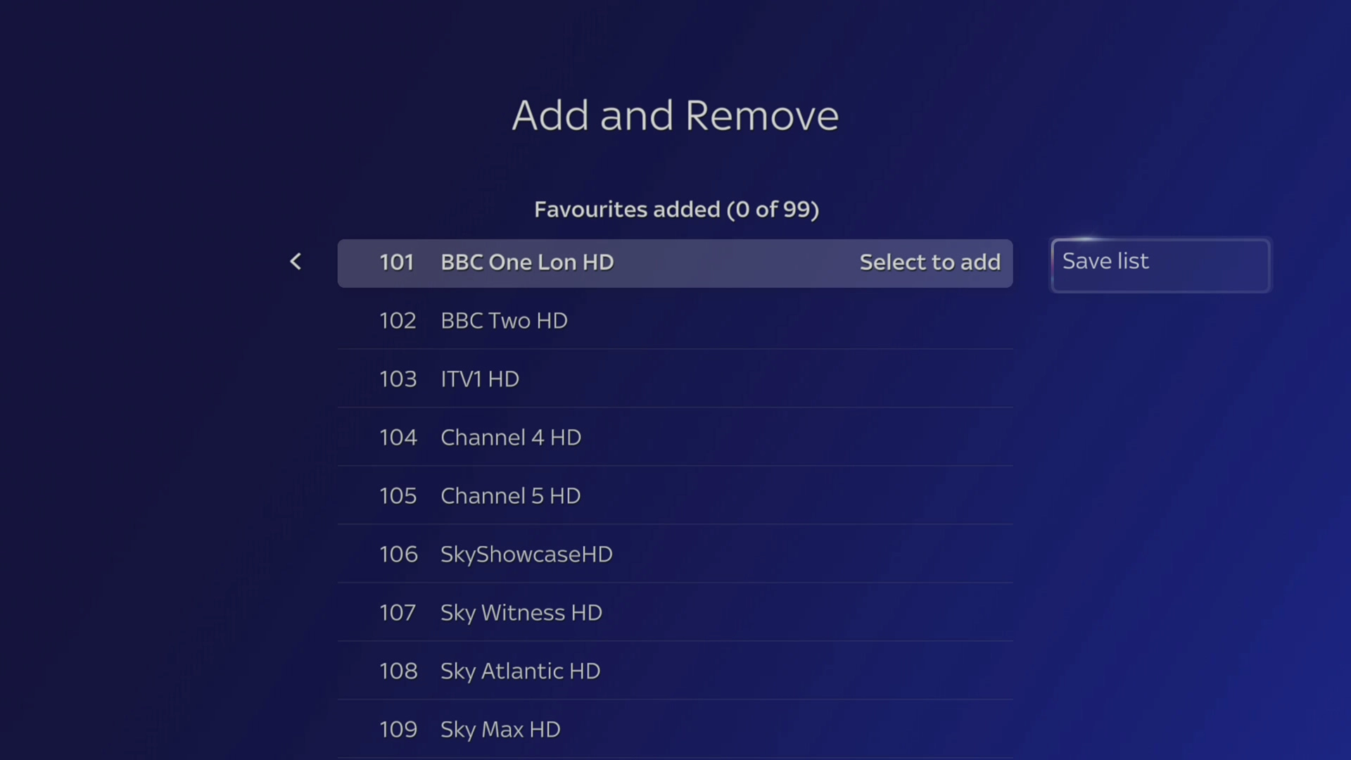 Select the channels you would like to add to the list.