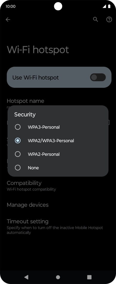 Press WPA3-Personal to password protect your Wi-Fi hotspot.