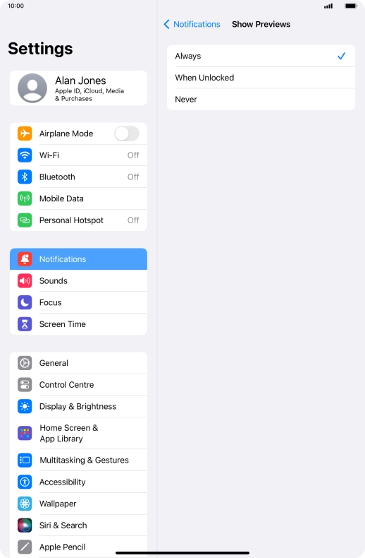 To select notification preview on the lock screen, press Always.