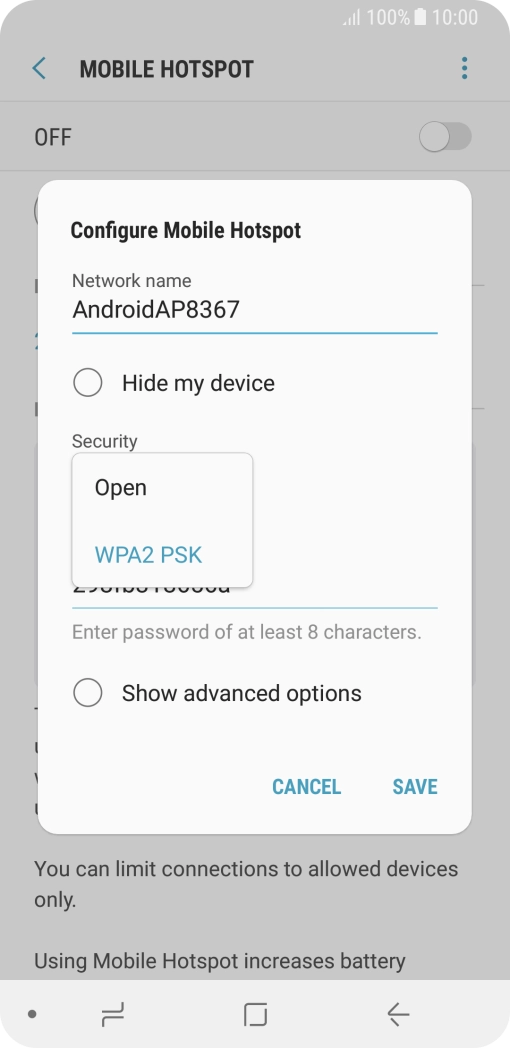Press WPA2 PSK to password protect your Wi-Fi hotspot.