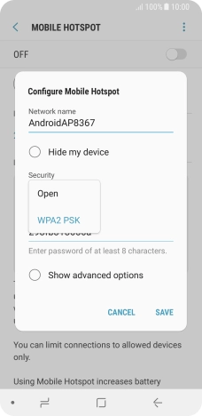 Press WPA2 PSK to password protect your Wi-Fi hotspot.