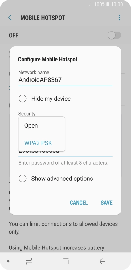 Press WPA2 PSK to password protect your Wi-Fi hotspot.