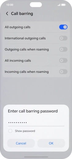 Key in your barring password and press OK.